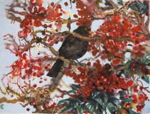 Blackbird and berries painting