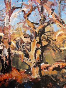 an acrylic original by Ellen Cooper of sunlit winter trees